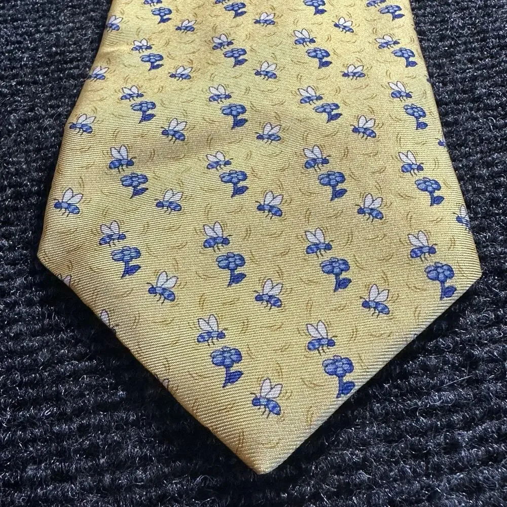 Brooks Brothers 346 Tie Silk Men's Necktie Bumblebee Bee Flower Yellow Blue